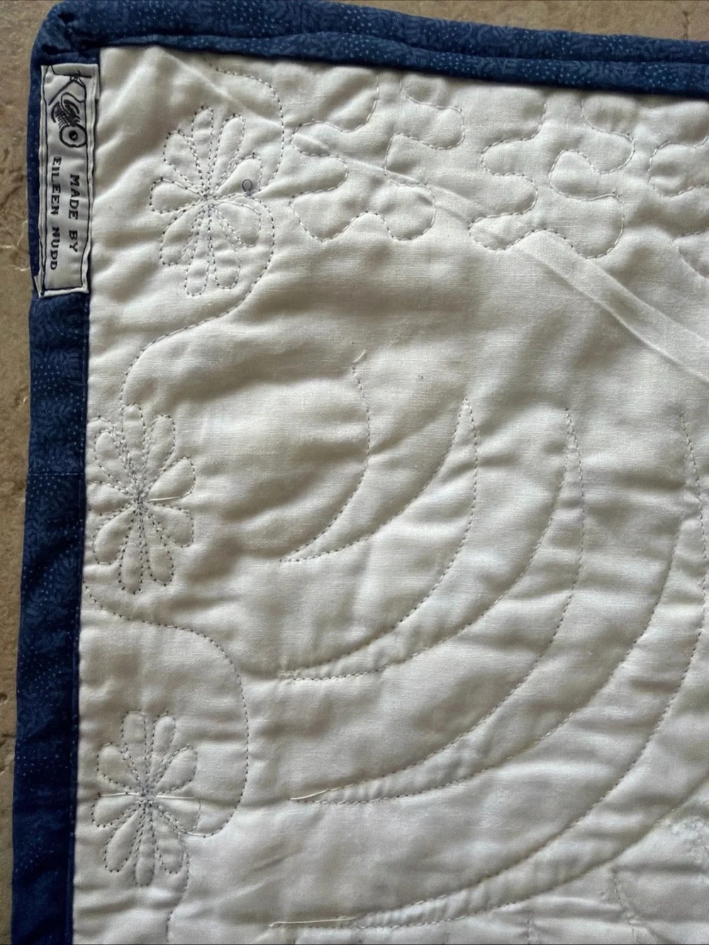 Eileen Nudd vintage handmade quilt 55 x 55 Custom, long arm card trick blue sand